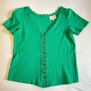 Sezane Lace Trim Button Front V-neck Short Sleeve Ribbed Top Size XSmall